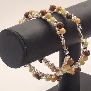 Wooden, Faux Pearl, Jade, & Silvertone Bead Hoop Earrings - Mbarnes Productions